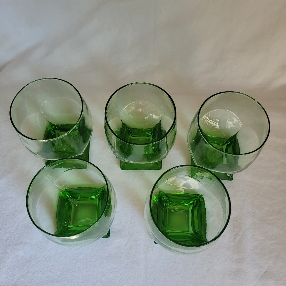 Vintage Art Deco Green Uranium Juice Glasses Glow Glass Set of 5 Approx 4x3" - Picture 3 of 8